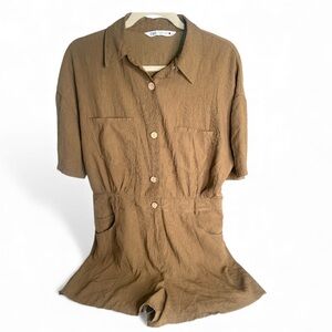 Zara Women Jumpsuit Romper Brown Size Large With Elastic Back Pockets Button Up